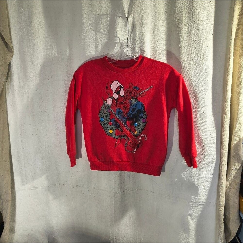Marvel Spiderman Boys Small Size (6-7) Red Long Sleeve T Shirt W/Christmas Theme
